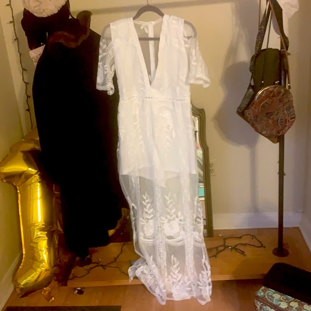 White lace romper with floor length lace